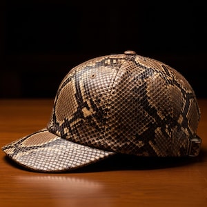 May include: A baseball cap featuring a snakeskin design in brown, tan, and black hues. The cap has a curved peak and a button on top. An adjustable strap is visible at the back.