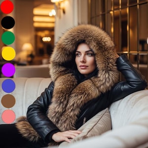 Fox Fur Collar Leather Jacket - Handmade Gold Biker Style