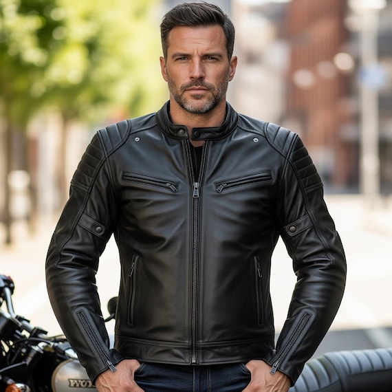 Chaqueta de motociclista de cuero negro hecha a mano: estilo