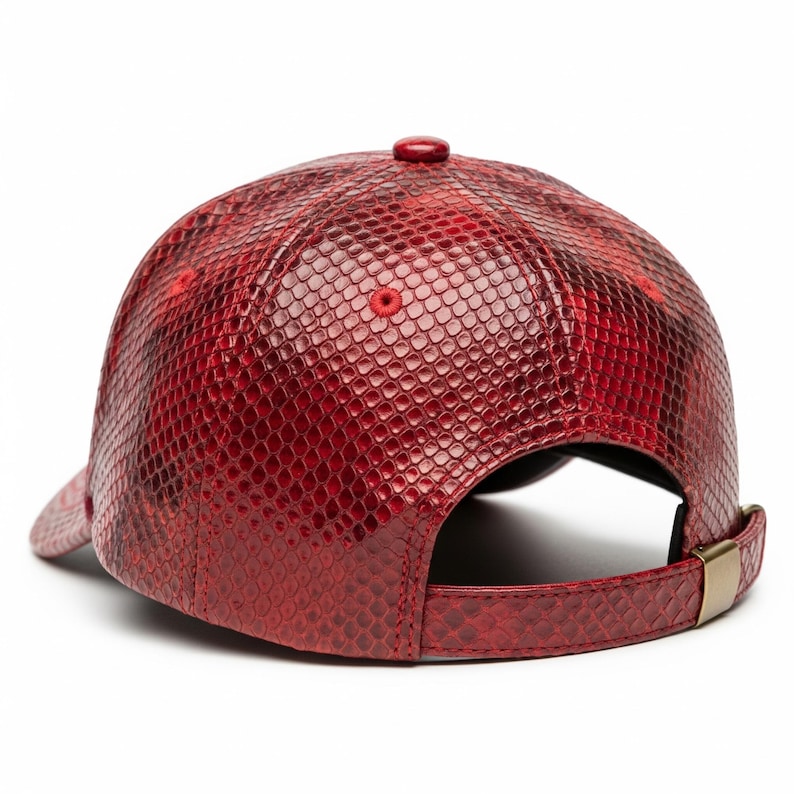 Peut inclure: Casquette de baseball rouge avec un motif peau de serpent. La casquette a une visi&egrave;re incurv&eacute;e, un bouton sur le dessus et une sangle r&eacute;glable avec une boucle dor&eacute;e. Fabriqu&eacute;e dans un mat&eacute;riau textur&eacute;.