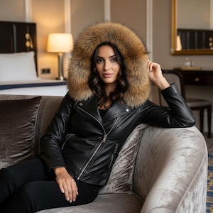 Women&#39;s Black Genuine Lamb Skin Jacket With Real Fox Fur, Real Leather, Premium Quality, perfect gift for her