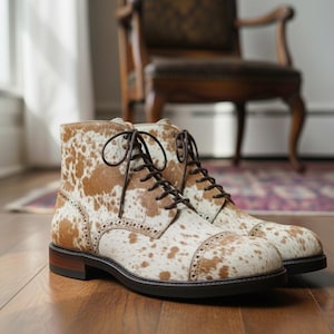 Op de afbeelding: Een paar bruin en wit leren laarzen met een patroon en donkerbruine veters. De laarzen hebben een neuskap en een donkerbruine zool. De laarzen staan op een houten vloer.