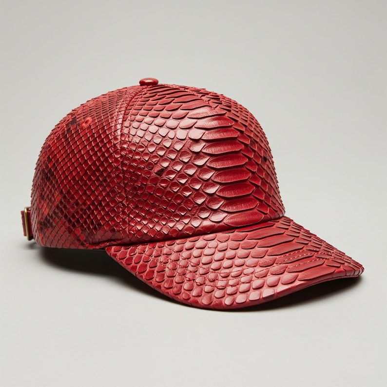 Peut inclure: Casquette de baseball rouge avec un motif textur&eacute; et &eacute;cailleux. La casquette a une visi&egrave;re incurv&eacute;e et une sangle r&eacute;glable. Le mat&eacute;riau semble &ecirc;tre du cuir ou similaire, avec une finition brillante. La casquette est de couleur rouge vif.