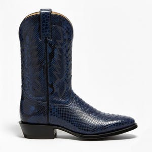 May include: A single, navy blue cowboy boot with a snakeskin pattern. The boot features a pointed toe, a stacked heel, and decorative stitching on the shaft. The boot is made of a textured material and has a classic Western design.