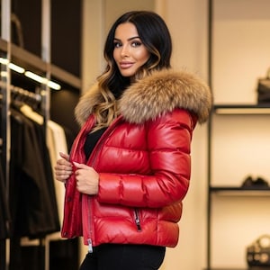 Handmade Original Goose Country Women&#39;s Black V-Bubble Lamb Skin Leather & Goose Down Parka With Real Fox Fur, perfect gift leather jacket
