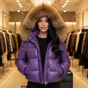 Purple Leather Puffer Jacket with Hood: Real Sheepskin Winter Coat