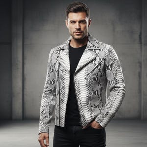 Könnte beinhalten: Eine weiße und graue Lederjacke mit Schlangenmuster, dazu ein schwarzes T-Shirt und eine schwarze Jeans. Die Jacke hat einen klassischen Biker-Stil mit Reverskragen, asymmetrischem Reißverschluss und mehreren Taschen. Das Model steht vor einem grauen Hintergrund.