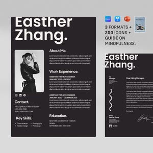 Könnte beinhalten: Schwarz-weiß Lebenslaufvorlage mit dem Namen "Easther Zhang" in großem weißen Text. Der Lebenslauf enthält Abschnitte für "Über mich", "Berufserfahrung" und "Ausbildung". Das Bild enthält auch eine Vorlage für ein Anschreiben.