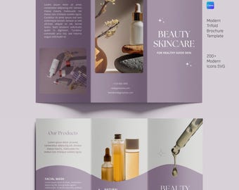 May include: A trifold brochure with a lavender and white color scheme, showcasing beauty skincare products. The brochure features product images, text, and the words "BEAUTY SKINCARE" and "FOR HEALTHY GOOD SKIN". It also includes the text "Modern Trifold Brochure Template" and "200+ Modern Icons SVG".