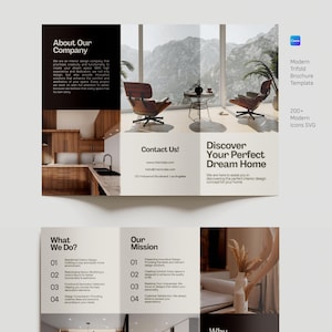 May include: A modern trifold brochure template with the text "About Our Company" and "Discover Your Perfect Dream Home." The brochure features interior design images, including a kitchen and living room. Includes "200+ Modern Icons SVG."