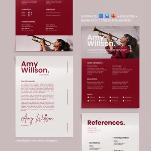 May include: A resume template with a burgundy and white color scheme. The template includes sections for languages, certifications, work experience, education, and skills. The name "Amy Willson" is prominently displayed. The template also includes a cover letter and references.