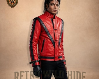 Michael Jackson Thriller Jacke - Echt Rot Leder 80er Jahre Pop Star Mantel - Kultig MJ Musikvideo Replik - Hochwertiges handgefertigtes Geschenk für Fans
