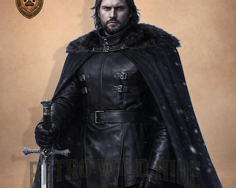 Jon Snow Lederjacke und Umhang Set - Echtes Schwarzes Leder Mittelalter Rüstung - Nachtwache Cosplay - Premium GOT Geschenk für Ihn - Komplettes Outfit