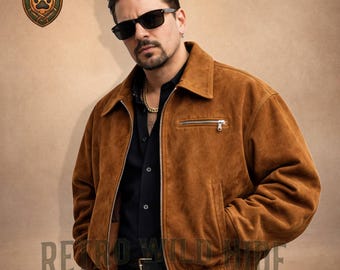 Übergroße Wildleder Harrington Jacke für Herren - Echter Wildleder Bomber - 90er Jahre Vintage Blouson - Handgefertigter Brauner Wildledermantel - Minimalistisches Geschenk Ihm