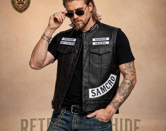 Sons of Anarchy Leder Weste Jax Teller SOA - Echtes Schwarzes Rindsleder Biker Schnitt - Full Reaper Patches - Premium SAMCRO Cosplay Geschenk für Ihn - SOA