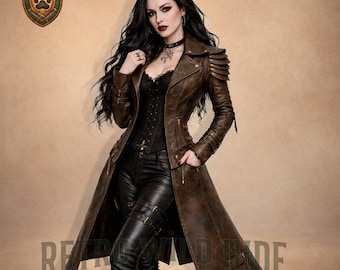 Wikinger Gothic Ledermantel Frauen - Echtes Leder Nordische lange Jacke - Mittelalterliche Kriegerin Prinzessin Duster - Geschenk für Sie