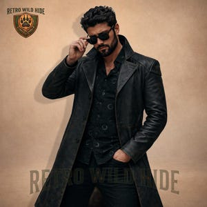 Puede incluir: Un abrigo largo de cuero negro con botones. El abrigo se lleva sobre una camisa negra abotonada. La imagen incluye el texto "Retro Wild Hide" y un logotipo con una huella de pata.