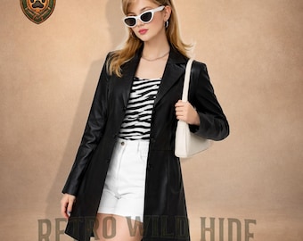 90er Jahre Vintage Schwarz Leder Trenchcoat - Langer Duster aus echtem Lammfell - Matrix Stil Minimalistischer Mantel - Handgemachtes Geschenk für Sie - Retro Klassiker