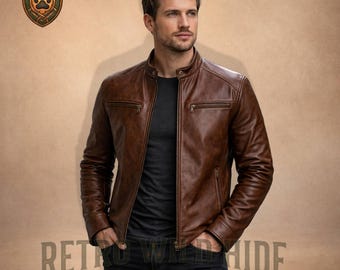 Handgjord sliten brun läderjacka - Truckerjacka i äkta läder - Vintage arbetsjacka för män - Rustikt cowboy western ytterkläder