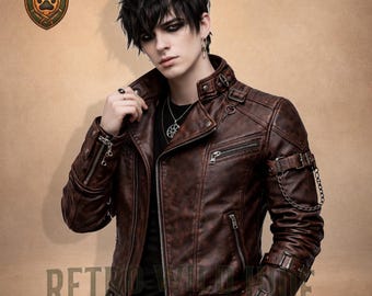 Herren Gothic Schwarz Lederjacke - Echtes Lammfell Asymmetrischer Biker Moto - Industrial Punk Rock Style - Luxusgeschenk für Ihn - Handgefertigter Mantel