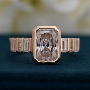 Emerald Cut Bezel Set Engagement Ring, Lab Grown Diamond Bridal Ring, 14K Gold Solitaire Accent Ring For Love, Anniversary Ring For Women