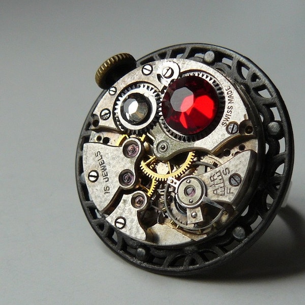 Steampunk Ring, Upcycled Vintage Watch, Filigree Button, Swarovski Crystal - Victorian - Gothic - Romantic - Boho Chic - OOAK Jewelry by pennyfarthingdesigns on Etsy