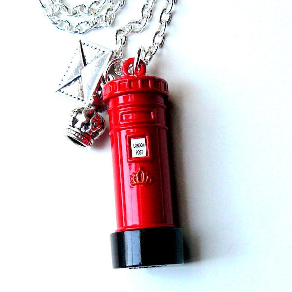 London Necklace, Red Post Box, Silver Envelope, Crown, Gothic Steampunk London Jewelry by pennyfarthingdesigns on Etsy