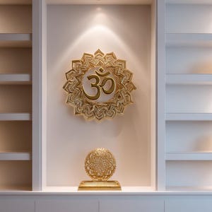 Könnte beinhalten: Ein weißes, eingebautes Bücherregal mit Einbaubeleuchtung. Die mittlere Nische zeigt ein goldenes Om-Symbol und eine dekorative Kugel. Geflochtene Boxen und dekorative Bücher befinden sich auf den Regalen.