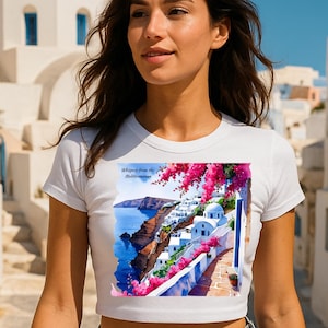 Santorini Baby Tee: Greek Island Watercolor Crop Top