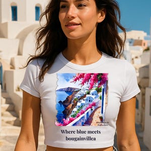 Santorini Crop Top: Greek Island Baby Tee - Mediterranean Summer