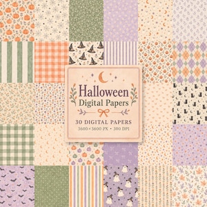 Puede incluir: Una colección de treinta papeles digitales con patrones temáticos de Halloween que incluyen calabazas, fantasmas, sombreros de bruja, gatos negros, murciélagos, lunas, estrellas y motivos florales en naranja, morado, verde y crema. Texto: Halloween Digital Papers 30 DIGITAL PAPERS 3600x3600 PX 300 DPI.