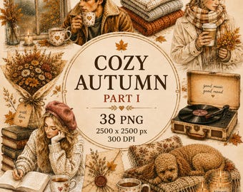 Könnte beinhalten: Eine digitale Sammlung von 38 PNG-Dateien mit dem Titel COZY AUTUMN PART I, die Illustrationen von Personen mit Kaffee, Pulloverstapeln, einem Plattenspieler, einem Hund auf einer Decke, einer Kamera, Büchern und Herbstlaub im Vintage-Stil zeigt.