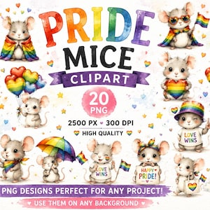 Puede incluir: Una colección digital de 20 ilustraciones de ratones estilo acuarela con temas de orgullo arcoíris. Los ratones se representan con varios accesorios, incluyendo banderas, globos en forma de corazón, carteles con LOVE IS LOVE, LOVE WINS y HAPPY PRIDE, paraguas y sombreros.