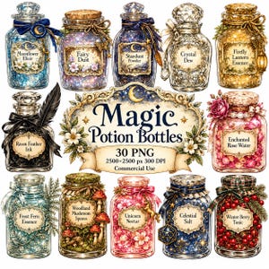 May include: A collection of twelve glass potion bottles with cork or crystal stoppers, featuring labels like Moonflower Elixir, Fairy Dust, Stardust Powder, Crystal Dew, Firefly Lantern Essence, Raven Feather Ink, Enchanted Rose Water, Frost Fern Essence, Woodland Mushroom Spores, Unicorn Nectar, Celestial Salt, and Winter Berry Tonic, with central text Magic Potion Bottles 30 PNG 2500x2500 px 300 DPI.
