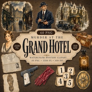 Pode incluir: Uma coleção digital de 40 elementos de clipart em aquarela de mistério em formato PNG intitulada Murder at the Grand Hotel. Inclui um homem de terno, uma mansão, um carro antigo, uma mala, uma pistola, luvas vermelhas e cartões numerados.