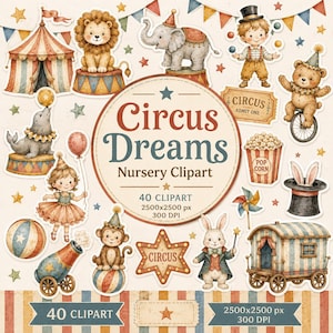 Pode incluir: Uma coleção de ilustrações digitais com tema de circo, incluindo uma tenda listrada, um leão, um elefante, um malabarista, um urso num monociclo, uma foca, um balde de pipocas, um coelho num chapéu, um canhão, um macaco e uma carroça.
