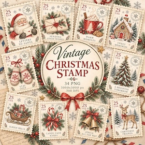 Peut inclure: Une collection de timbres de Noël au style vintage illustrant le Père Noël, des enveloppes, du chocolat chaud, une maison en pain d'épices, des moufles, un sapin, un traîneau, des sucres d'orge, des cloches et un cerf, avec le texte Vintage Christmas Stamp 34 PNG.