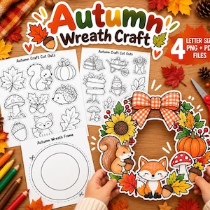 May include: An Autumn Wreath Craft kit featuring printable sheets with black and white line art of woodland animals, pumpkins, and leaves, plus a finished colourful wreath illustration with a squirrel, fox, sunflower, and orange plaid bow.