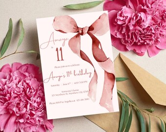 May include: A birthday invitation card with a watercolor bow design in shades of pink and red. The card reads "Amaya is 11" and includes event details. The invitation is surrounded by pink peonies and a brown envelope.