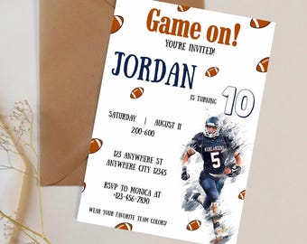 May include: White invitation card with the text "Game on!" and "You're Invited!" in brown and navy blue. The invitation is for Jordan's 10th birthday, with a football player graphic and footballs scattered around.