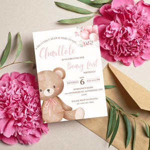 Beary First Birthday Invitation, Girl 1st Birthday Invite, Pink Teddy Bear Theme, Editable Template, Boho Party, Instant Download, Canva