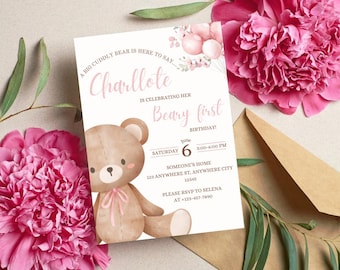 Faire-part premier anniversaire Beary, ours en peluche rose, thème d'invitation floral bohème, invitation à une première fête d'anniversaire, téléchargement immédiat au format PDF