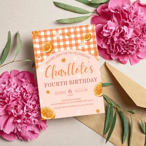 Orange Picnic Birthday Invitation, Citrus Theme Party Invite, Girl&#39;s 4th Birthday, Summer Birthday Template, Editable Canva Invitation