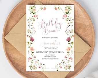 Floral Birthday Brunch Invitation, Editable Text Only, Printable Brunch Invite, Garden Floral Design, Instant Download, Digital Template