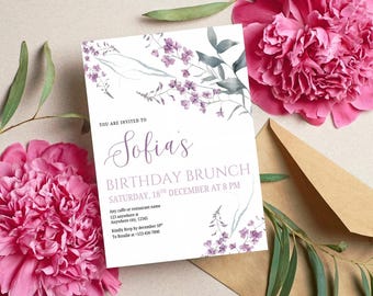 Editable Birthday Brunch Invitation, Floral Digital Invite Template, Purple Flower Party Invitation, Elegant Birthday Brunch Invitation