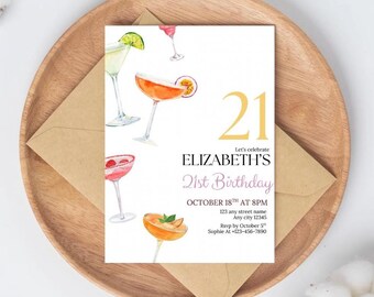 Editable 21st Birthday Invitation, Cocktail Party Invite, Modern Watercolor Drinks Template, Digital Download, Instant Access, Boho Chic