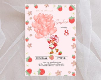 May include: A pink birthday invitation featuring a cartoon strawberry girl holding heart-shaped balloons. The invitation includes the text "You're Invited!" and details for a party on June 6th for a child turning 8.