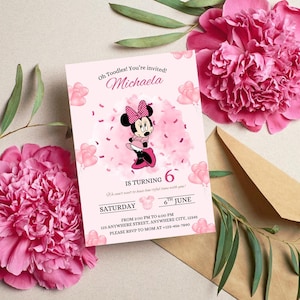 Invito di compleanno modificabile di Minnie Mouse per bambina, invito per festa di Minnie Mouse rosa, modello stampabile per il sesto compleanno, PDF scaricabile immediatamente