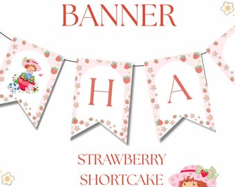 Strawberry Shortcake Verjaardag Banner, Afdrukbare Feestdecoratie, Pink Girl Verjaardagsslinger, Schattige Aardbei Themasjabloon, DIY Decor