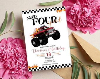 Need Four Speed Birthday Invitation, Red Monster Truck Party Invite, 4th Birthday Template, Editable Racing Theme Invite, Instant Download